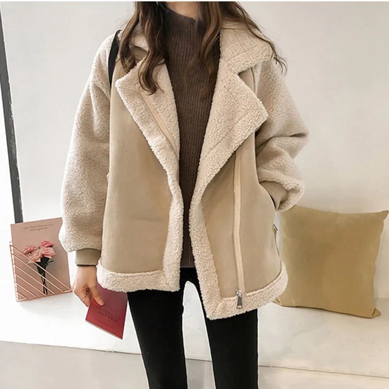 Suede Jacket Faux Fur Coat Women Short Lamb Cashmere Motorcycle Jacket Winter Coat Chic Loose Lamb Wool Coat Aviator Outwear New