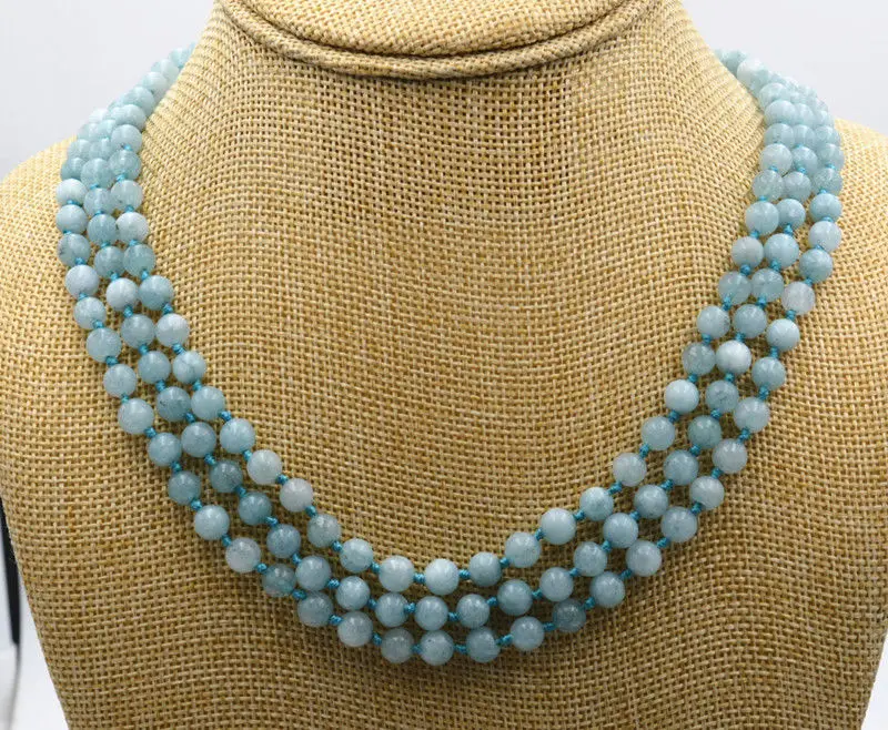 

new natural 6 mm 3 rows aquamarine beads Gemstone Necklace 17-19 "