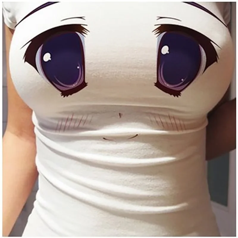 3D sexy big breasts showing breasts and big eyes emoticon package female anchor T short sleeve tight-fitting T-shirt female