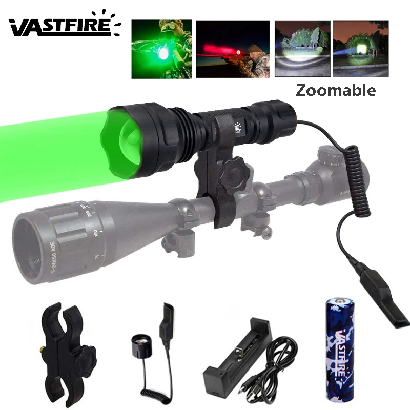 400 Yard Powerful Hunting Zoomable C8 Flashlight Green/Red/White Light Lantern Waterproof Portable Tactical Light 18650 Battery