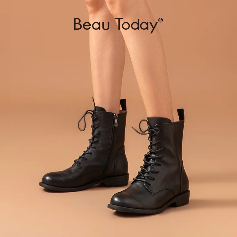 

BeauToday Ankle Boots Women Genuine Cow Leather Waxing Round Toe Lace Up Zip Fashion Motorcycle Female Shoes Handmade 02031