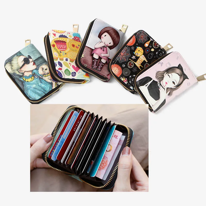 Fashion Graffiti Girls Organ Card Bag PU Leather Wallet  Cute Business Card Case Credit Card Holder Mini Zipper Clutch Bag