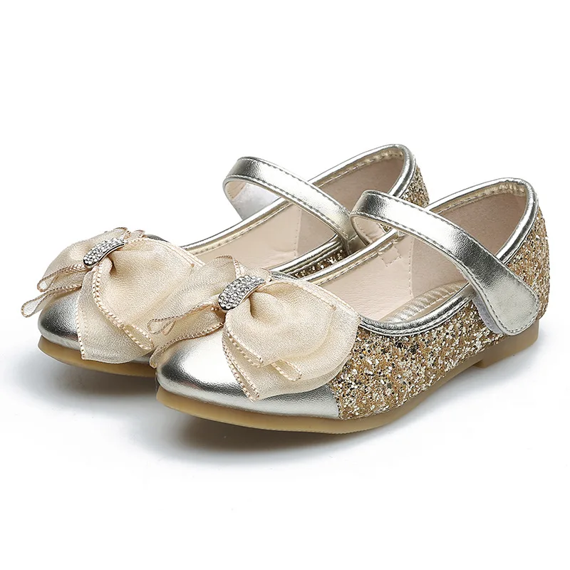 Autumn Child Dress Silver Sequins Leather Shoes For School Girls Fashion Bow Princess Wedding Party Shoes 2 3 5 6 7 8 9 10 Years