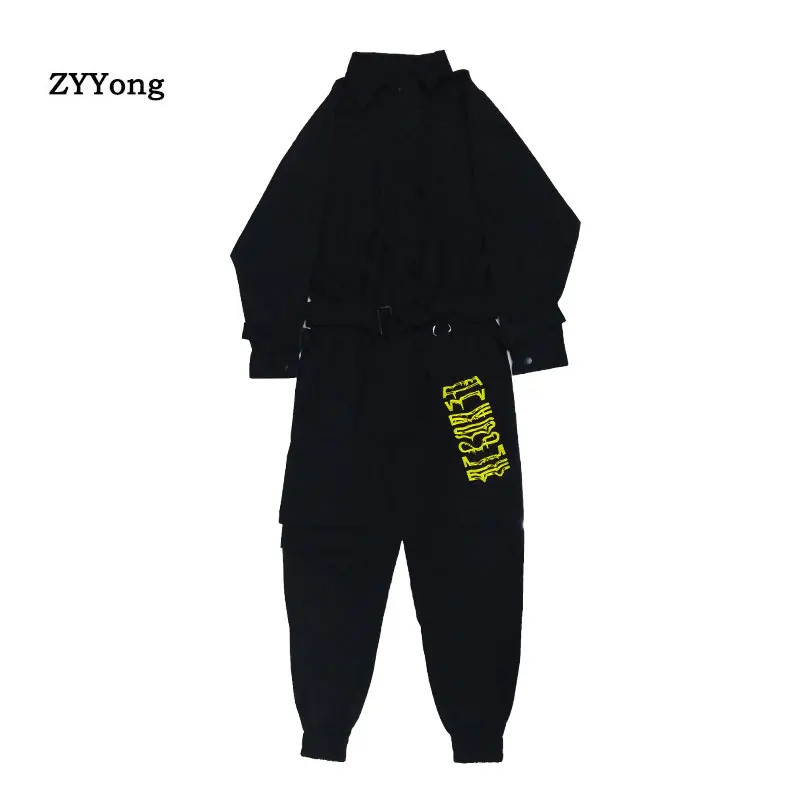 Manga longa gola hip hop japonês retro masculino terno macacão macacão 2020 cor sólida seção fina impressão preto azul macacão