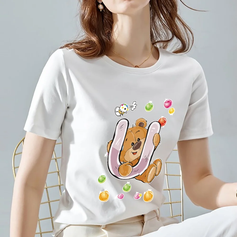 Women's 26 English T Letter T-shirt Fashion White Cute Cartoon Bear Print Series Top Ladies Casual Round Neck Slim Short Sleeve