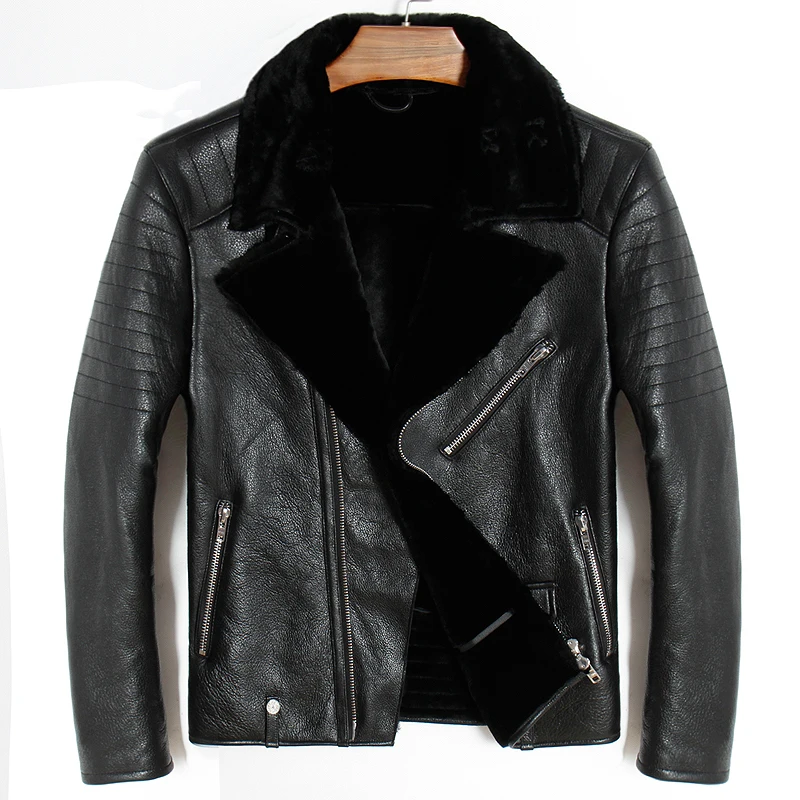 

shipping.Mens plus Free size genuine leather jacket.motor biker sheep fur coat,winter warm 100% sheepskin jackets.soft shearling