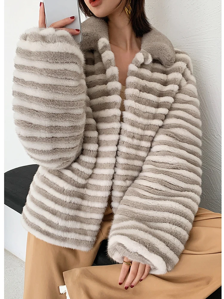 

HDHOHR 2024 New Winter Real Mink Fur Coats Women Fashion Genuine Leather Warm Color Block knitted Mink Fur Jacket Outerwear