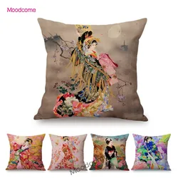 Beautiful Pretty Japanese Geisha Cartoon Traditional kimono Girl Floral Cotton Linen Sofa Pillow Case Home Decor Cushion Cover