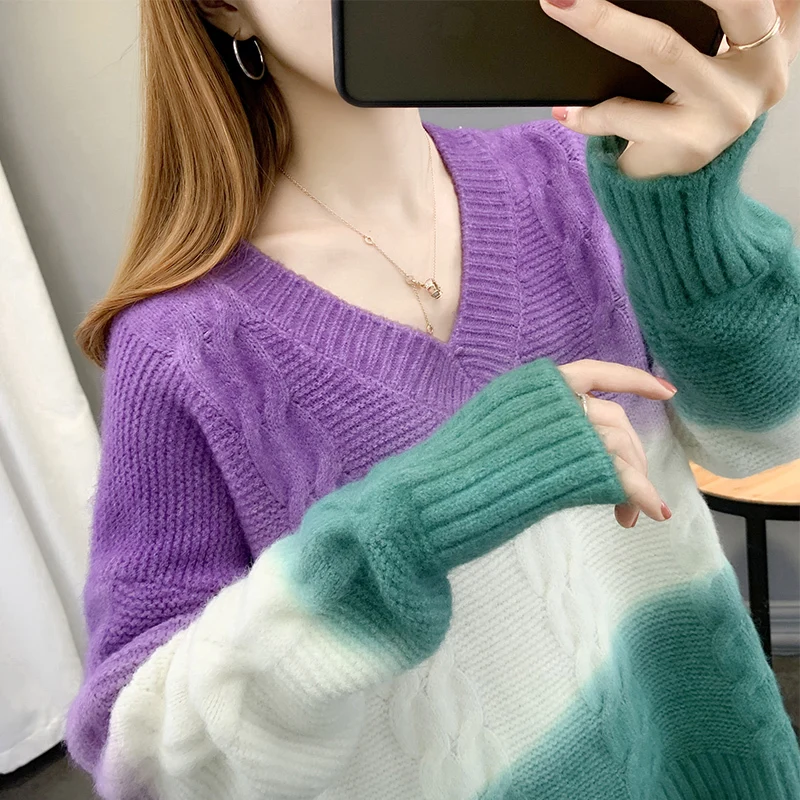 

High Quality 2022 Spring New Gradient Hit Color Patchwork Long Sleeve Loose Wild Women's Pullover Knitted Sweater Pull