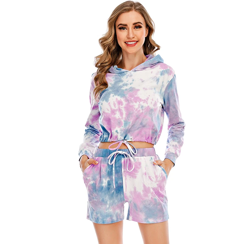 

Ladies Tie-Dye Printed Sports Suit Loose Long Sleeve Top + Drawstring Shorts Leisure Home Wear Yoga Running Sports Suit