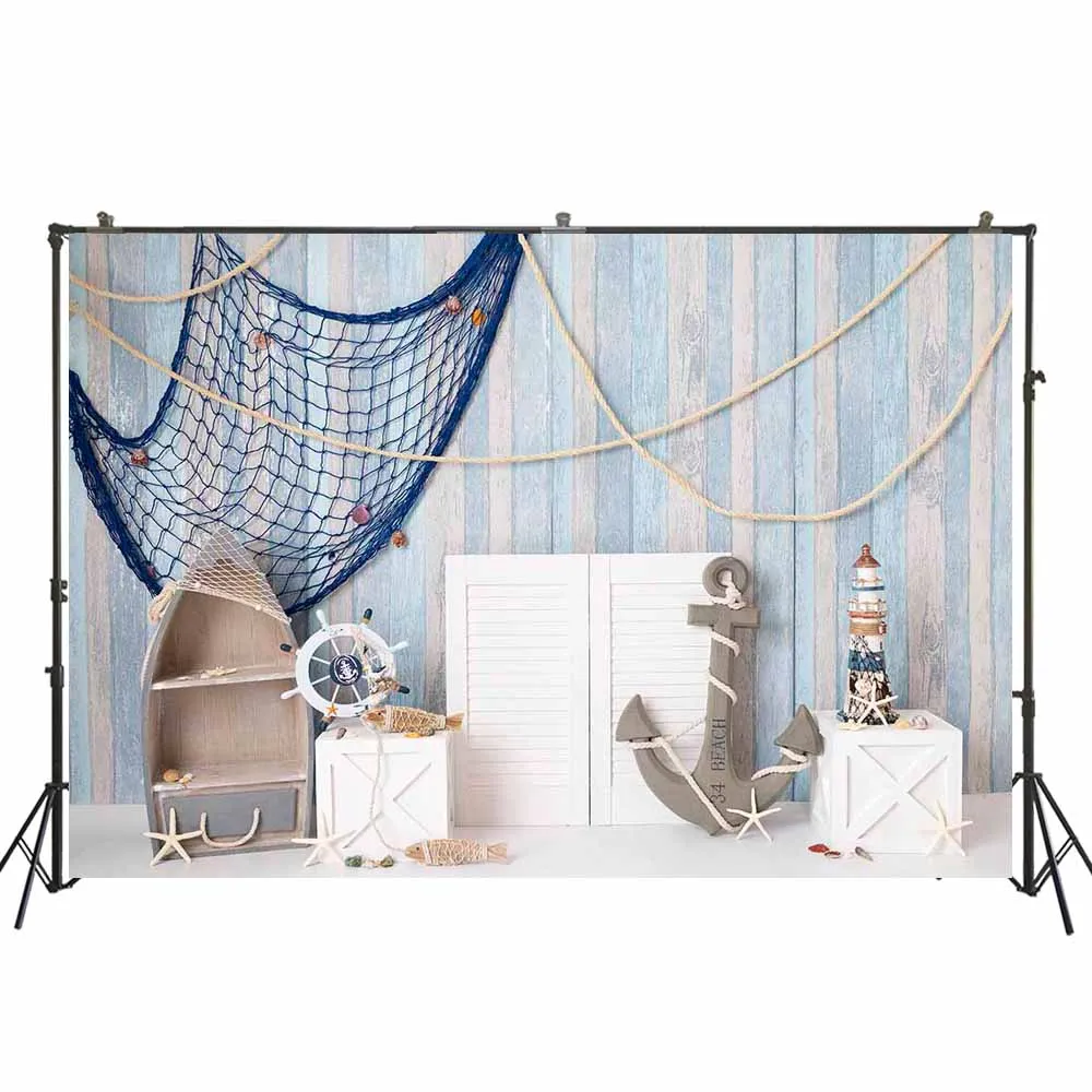 Sea Ship Fishing Net Wooden Board Photography Backdrops Baby Portrait Photo Backgrounds Birthday Party Decoration Banner W-4780