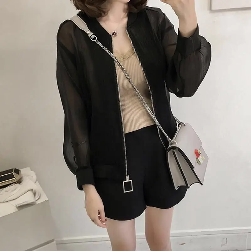 Organza Sunscreen Women's Summer Cardigan Long Sleeve Short Bright Silk Jacket Thin Coat Baseball Uniform Shirt