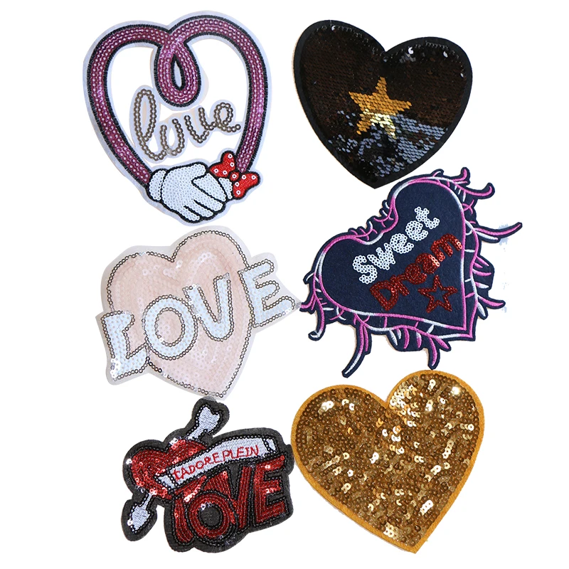 1 Pcs Various love heart shaped cartoon Sequin icon  Iron on Patches for Clothing DIY Stripes Clothes Patchwork Custom Badges