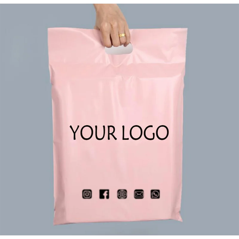 

100Pcs Personnalisés Pink Sacs De Poignée Sac De Rangement En Plastique Poly Enveloppe Sacs Postaux Logo De Marque Personnalisé