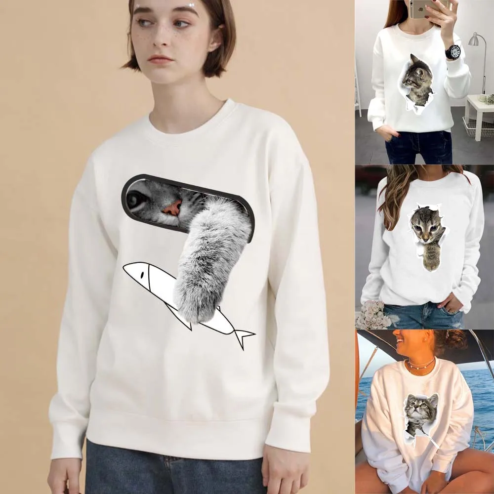 Feminino o-pescoço hoodie bonito gato impressão manga longa pulôver harajuku casual oversized moletom meninas primavera e outono topos