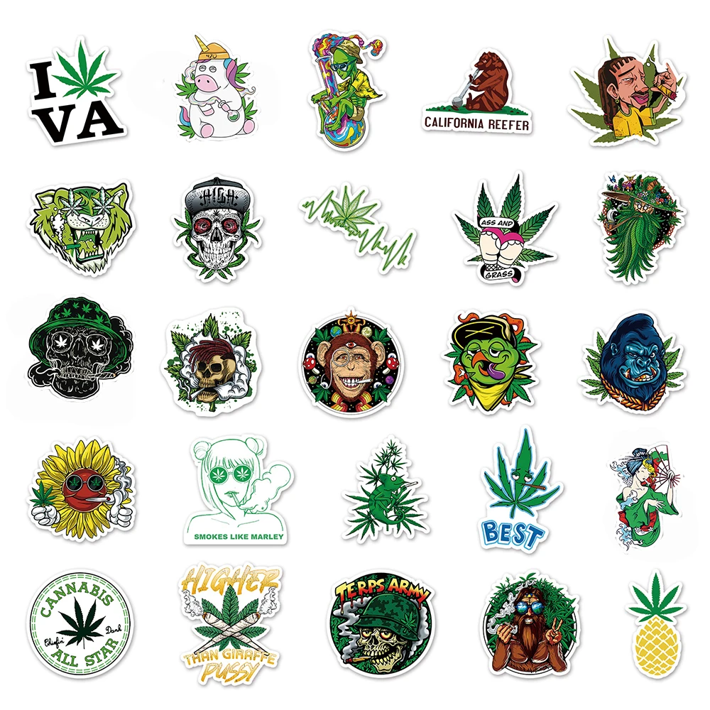 10/50/100 Stuks Marihuana Cartoon Stickers Esthetische Diy Skateboard Motorfiets Water Fles Graffiti Waterdichte Cool Sticker Decals