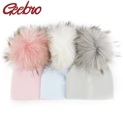 Geebro Newborn Soft Cotton 15 cm Real fur pompom Beanies Hats For Baby Boys Girls Autumn Winter Kids Infants Toddler Baby Hats