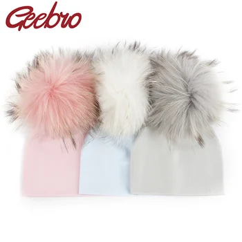 Geebro recién nacido suave algodón 15 cm piel auténtica pompón gorros sombreros para bebés niños niñas Otoño Invierno niños bebés sombreros para bebés pequeños