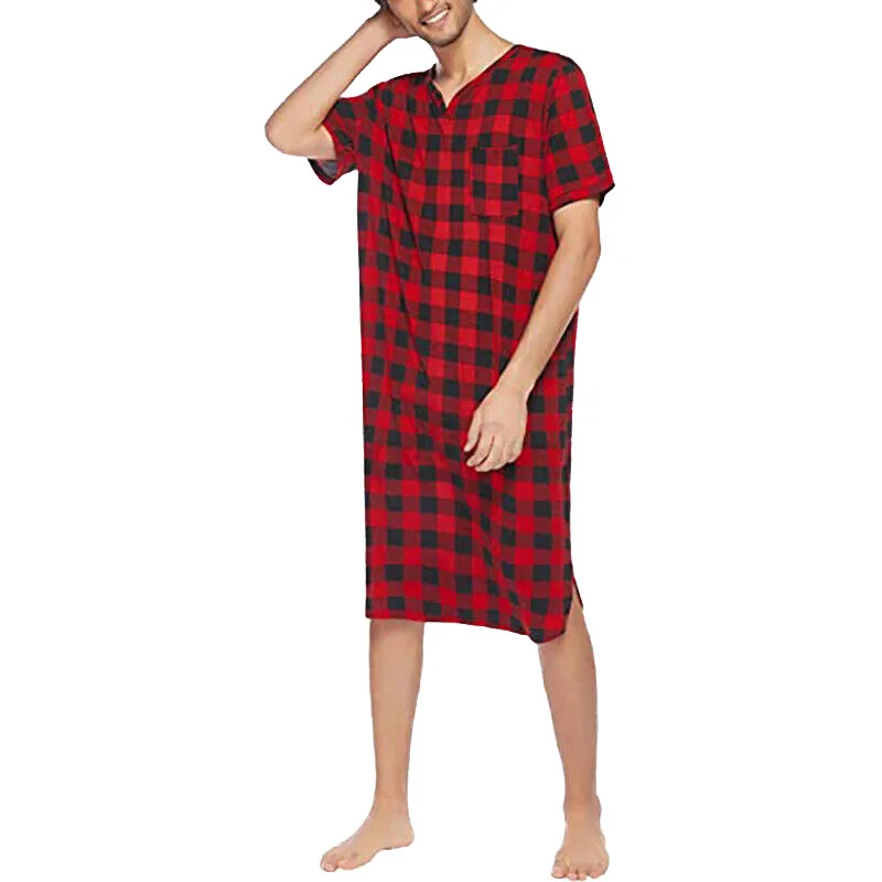 Fashion New Loose Plaid Printed Men Pajamas Short-sleeved V-neck Casual Homewear One-piece Nightdress Adult Onesie Mens Jumpsuit