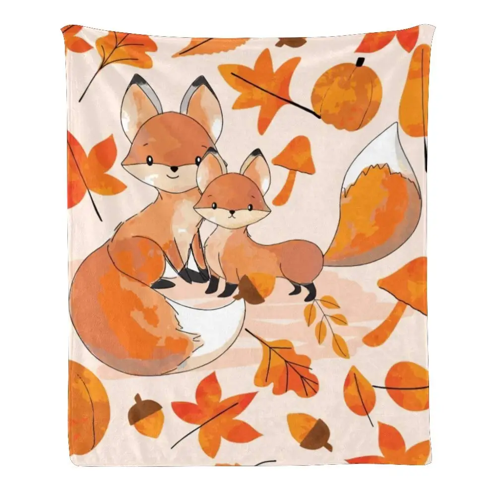 Custom Super Soft Throw Blanket Fleece Blanket for Couch Sofa Bed Gift Cute Fox Autumn Leaves (50inchX60inch)