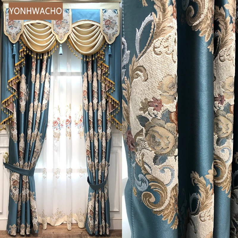 

Custom curtain European living room luxury thick shading chenille bedroom blue cloth blackout curtain valance tulle panel C340