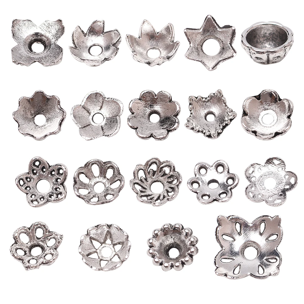 50PCS Metal Hollow Beads Alloy End Caps Tibetan Silver Separate Beads with Alloy Flower for DIY Necklace Bracelet Jewelry Making