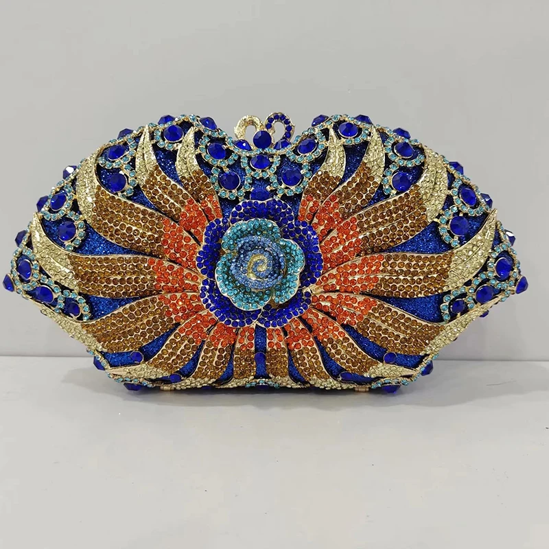 Luxury Blue Multicolored Rhinestone Flower Purse Women Evening Clutches Bags Designer Lady Party Wedding Purse Shoulder Handbag