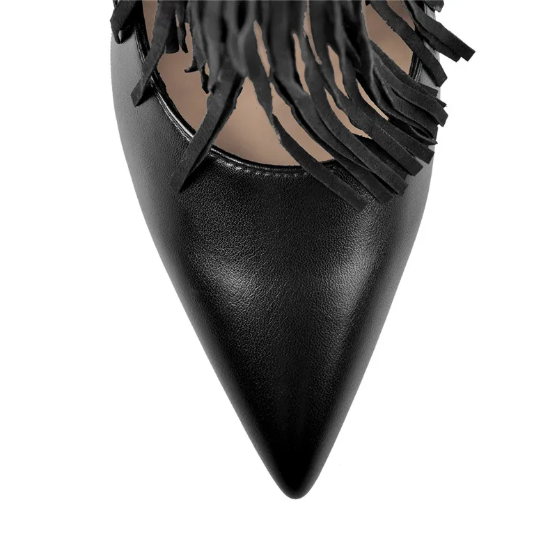 Onlymaker Women Fringe Pointed Toe Stiletto 12CM Heel Pumps Black Ankle Strap Back Zipper Shoes Big Size Heels