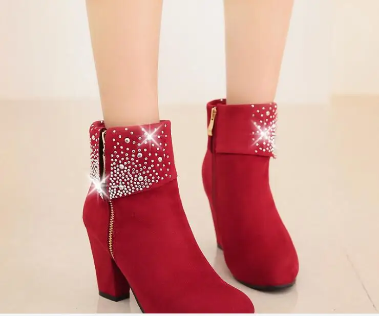 Fashion Red Crystal Boots Women new Ankle Boots For Women Hiah Heel Winter Shoes Women Zipper Boots Size 43 Botas Mujer sexy