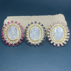 Exquisite Oval Medal Zircon White MOP Sea Shell Religion Virgin Mary Pendants For Jewelry Making DIY Necklace Charms Accessories