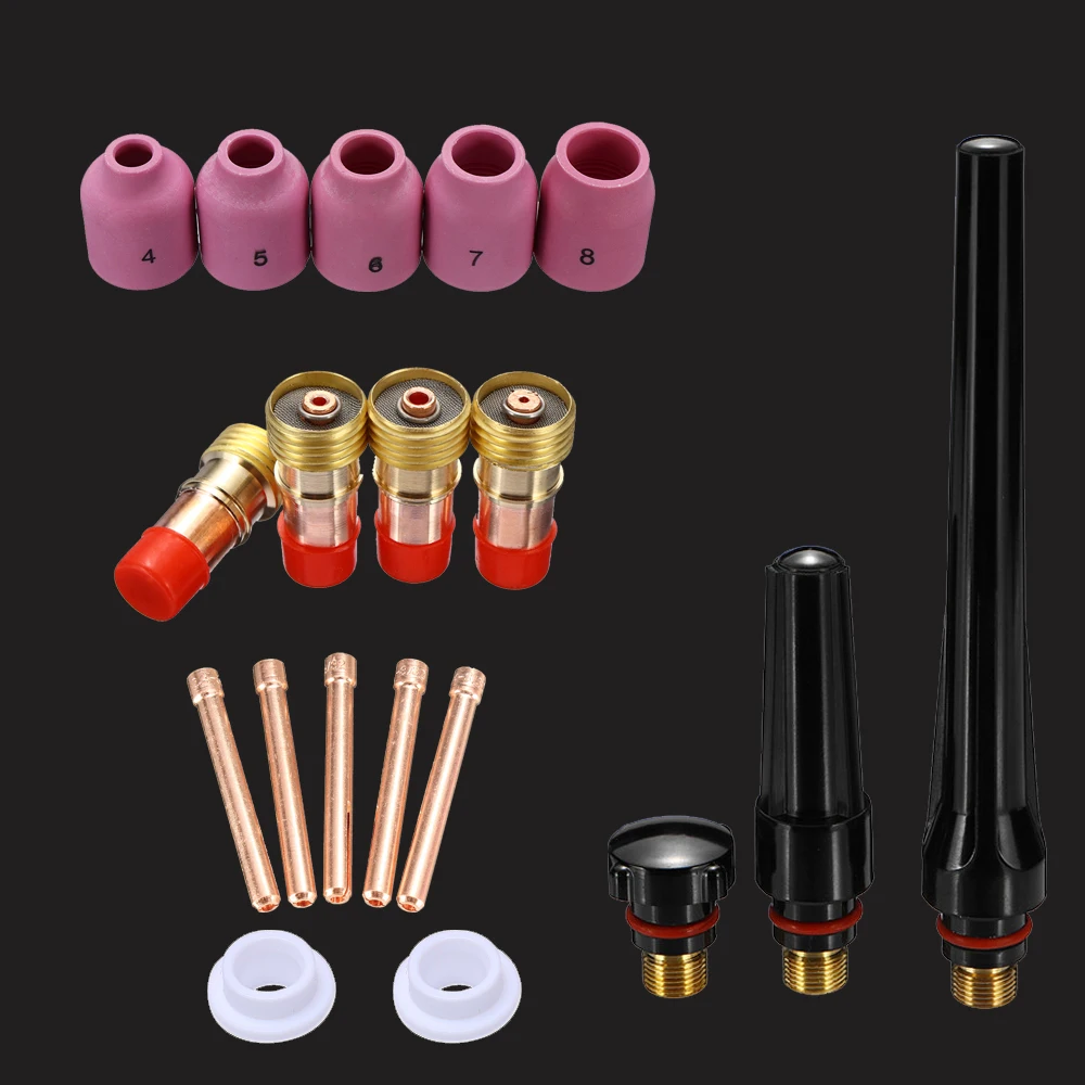 19pcs Tig Welding Torch accessories For WP-17/18/26 Tig collet body gas lense SR17/18/26 back cap welding kit alumina cup nozzle