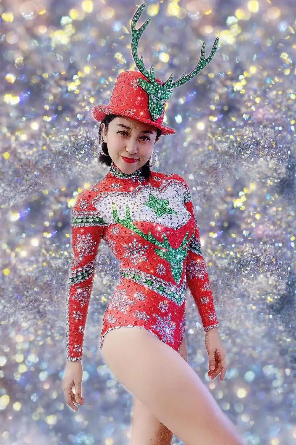 Women New Silver Red Rhinestones Printing Bodysuit Christmas Bar Singer Sexy Outfit Stage Dance Birthday Prom Show Bodysuit