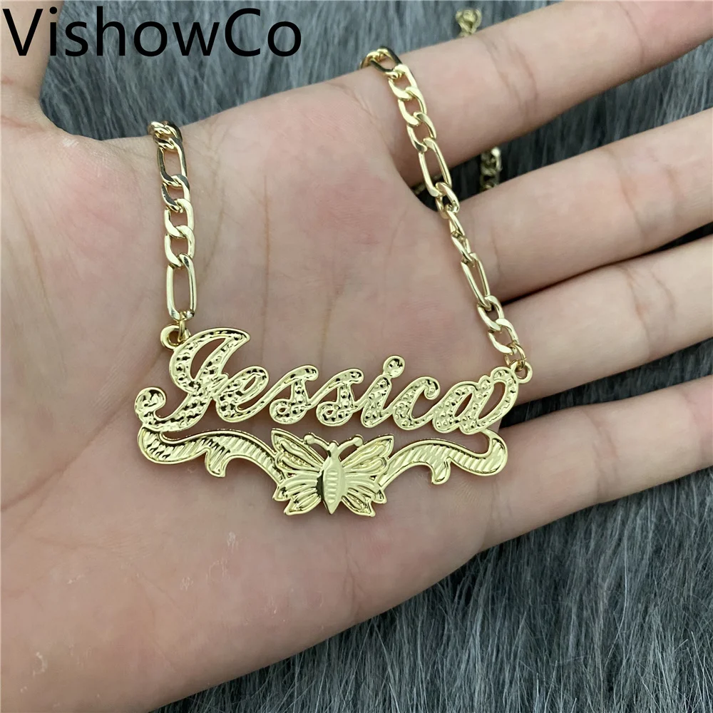 

Custom Name Necklace Personalized Stainless Steel Gold Choker With Butterfly Nameplate Necklace Figaro Chain Gift For Women