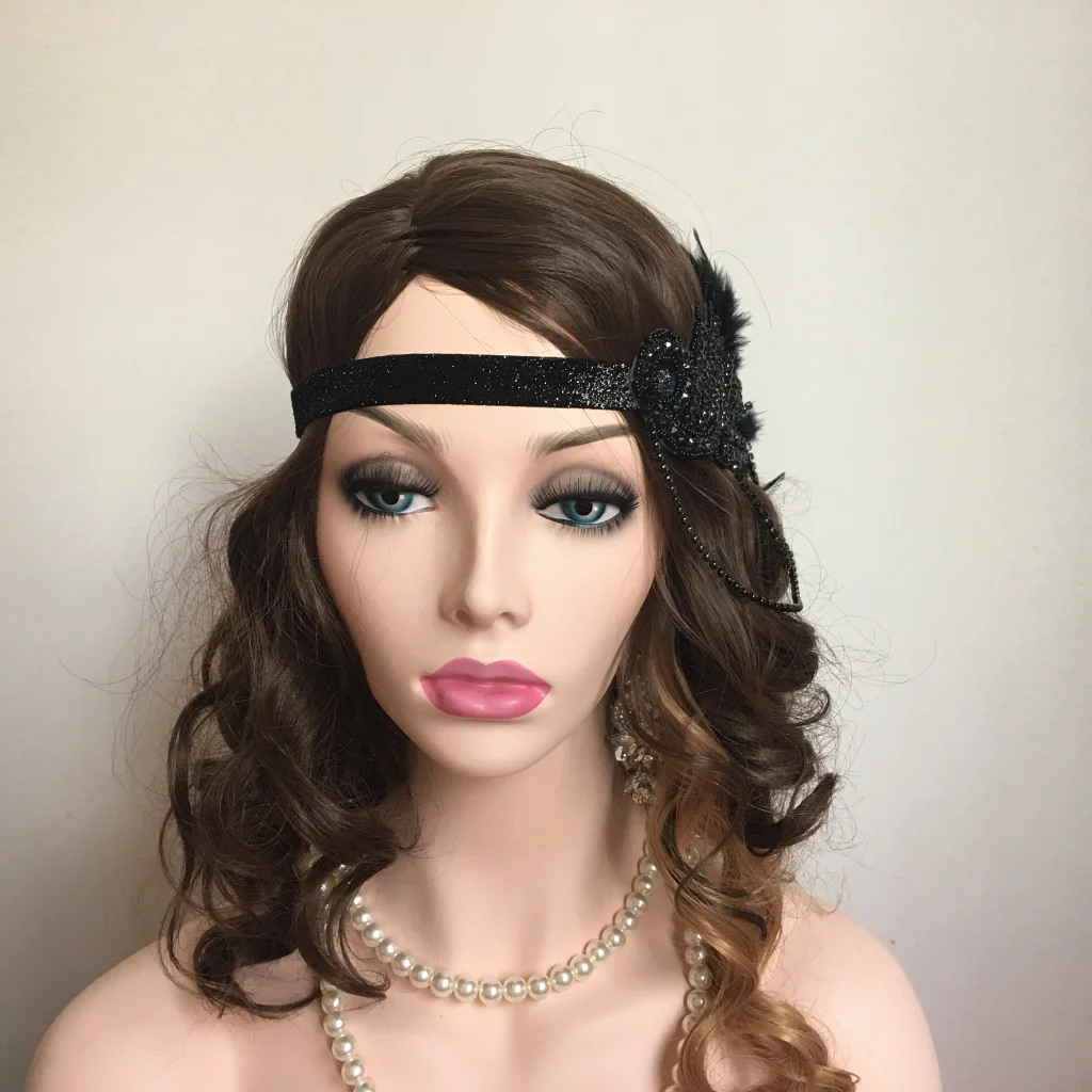 Feather Headband Vintage Elastic Feather Rhinestone Chain Forehead Decorations Gatsby Party Charleston Party Feather Headwear