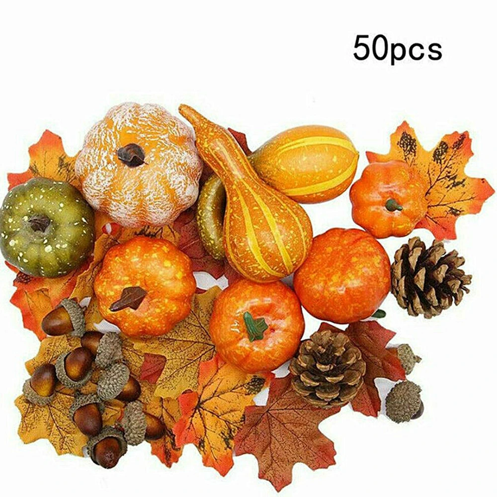 Set of 50Pcs Mix Autumn Harvest Simulation Pumpkin Decoration Props Home Decorative Halloween Thanksgiving Party Ornament