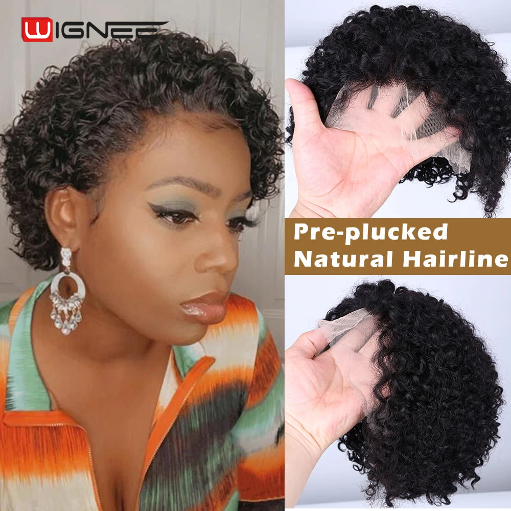 

Wignee Short Pixie Cut Curly Wig 13×1 Lace Part Short Bob Human Hair Wigs 150% Density Pre Plucked Hairline Short Curly Lace Wig