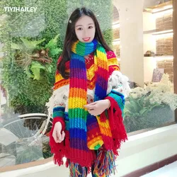 TIYIHAILEY-bufanda larga con borlas de lana, cálida, multicolor, hecha a mano, invierno, 2022