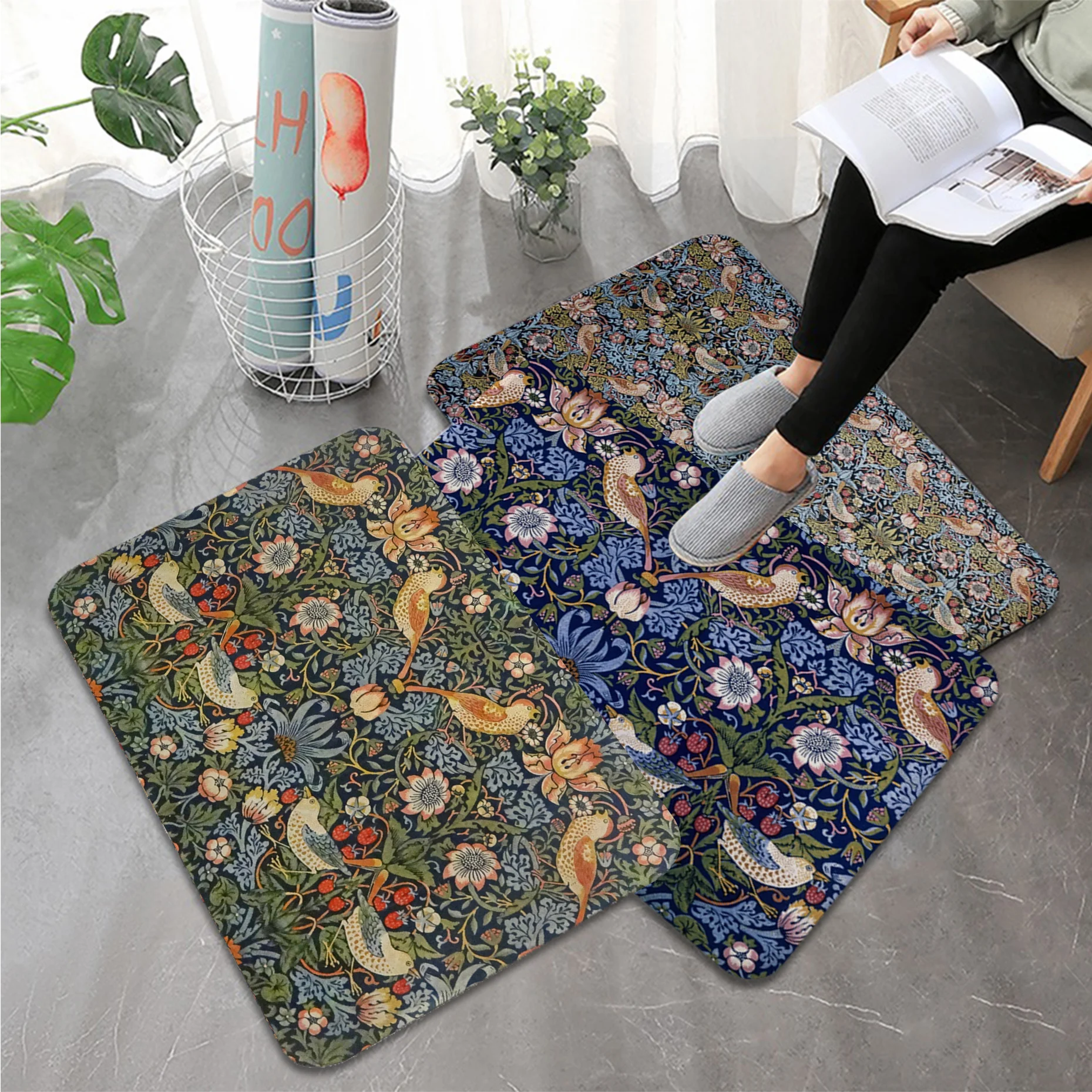 William Morris Strawberry  Kitchen Mat Bedroom Living Room Carpet Entrance Doormat Home Hallway Floor Mat Bathroom Anti-Slip Rug