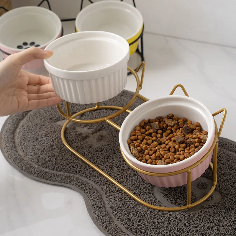 Cute Cats Dogs Feeders Bowls Double Ceramic Elevated Cat Bowls Pet Drinking Bowls Water Food Dishes Prevent Cervical Spondylosis