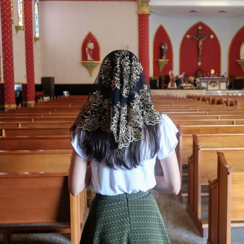 Véu bordado para Lady Head Cobrindo, Spanish Lace Mantilla, Church Veil