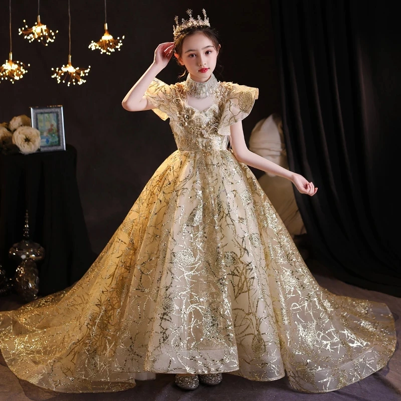 Teens Kids Dresses Party Wedding golden Sequins embroidery Pageant Gown Princess Tailing long Dress for Girl Children Clothing