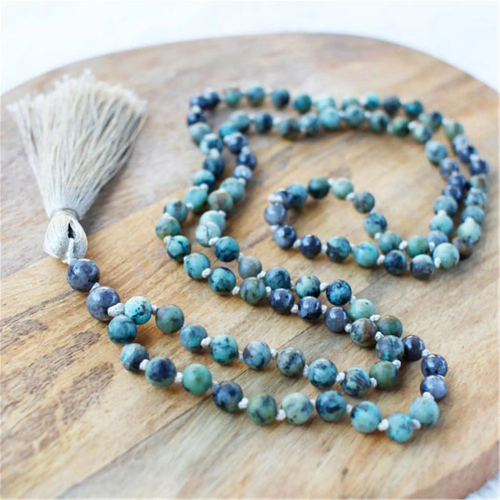 

8mm Natural African Turquoise Gemstone 108 Beads Mala Necklace Buddhism Meditation Buddhist Lucky Cuff Men