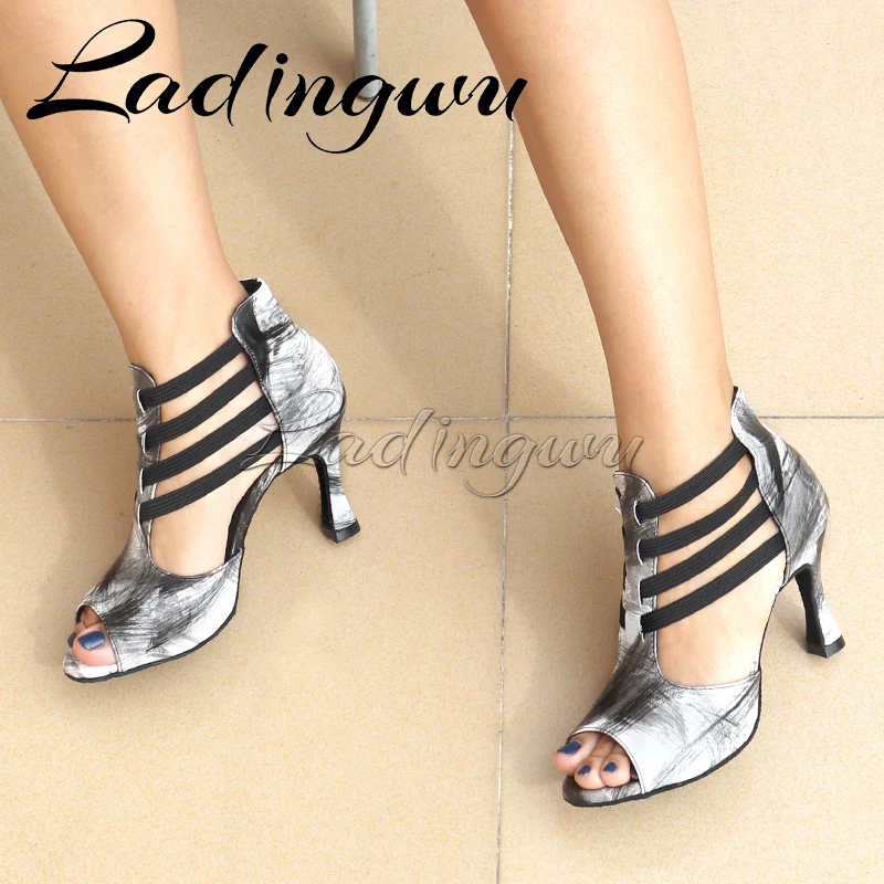 Ladingwu-zapatos de baile latino para mujer, botas de primavera y verano, sandalias de Salsa, Tango, grafiti, zapatos de baile latino de cuero, tacón de 6-10cm