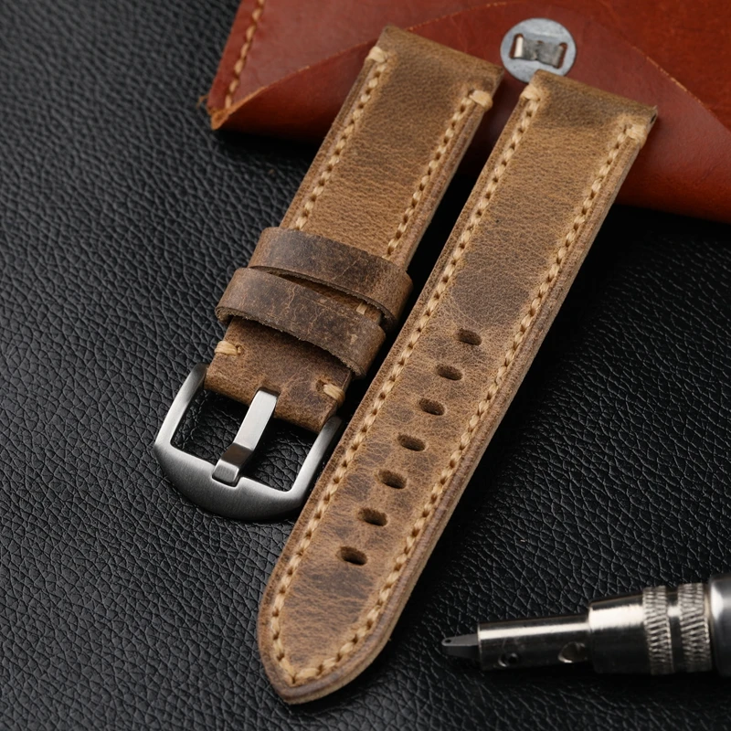 Handmade Leather Watchband 20 21 22 23 24 26MM Folded In Half to Make Soft Top Layer Calfskin Strap Retro Style For PAM111