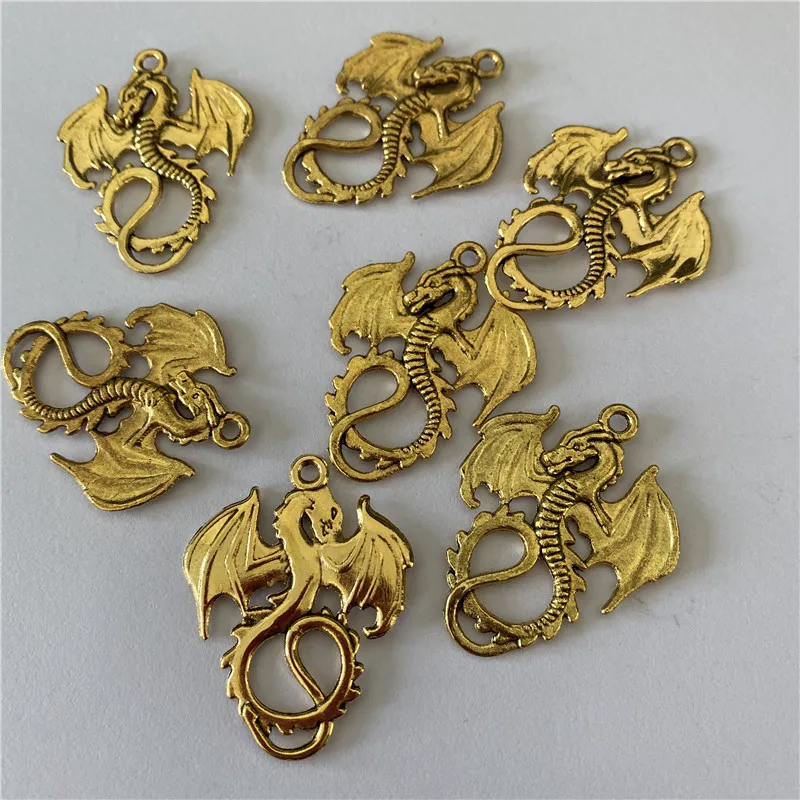 24PCS Antique Gold Color Alloy Flying Dragon Man Necklace Pendant Bracelet Charms Punk Animal Jewelry Findings 31656