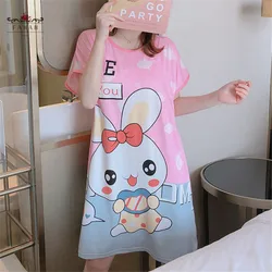 Camisón de manga corta con dibujos animados para mujer, ropa de dormir holgada, informal, de talla grande, cuello redondo, para el hogar