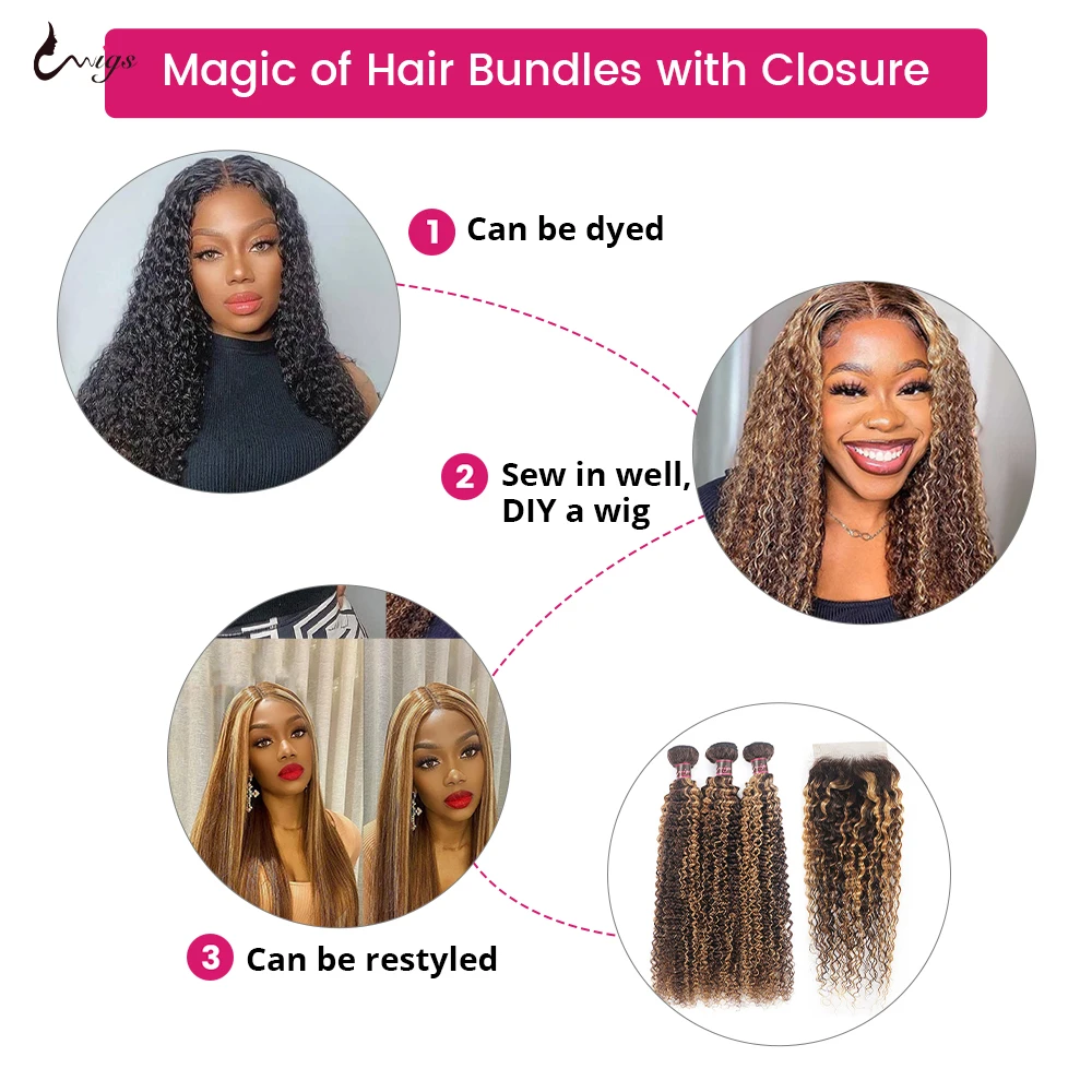 Uwigs Curly Bundles Highlight P4/27 Human Hair Bundles With Closure Honey Blonde Curly Hair Brazilian Bundles With Lace Closure