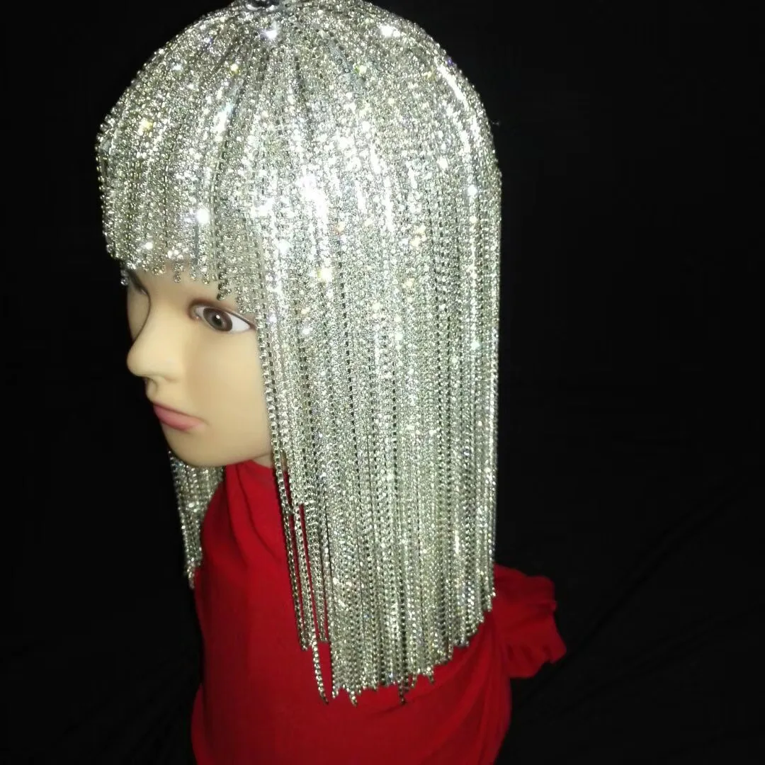 นักร้อง Rhinestones โซ่ Headwear Bling Bling ไนท์คลับเต้นรำแสดงเงา Wigs