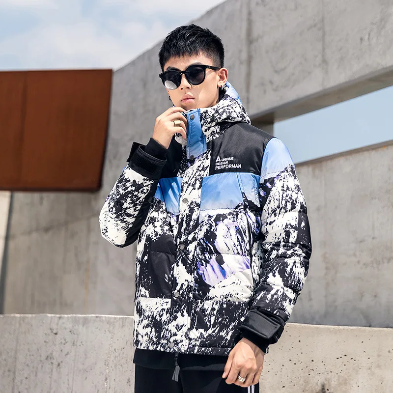 

Winter Mens White Duck Down Coats Hooded Short Snow Mountain Print Puffer Jackets Male Thick Hip Hop Streetwear for Men JK-915