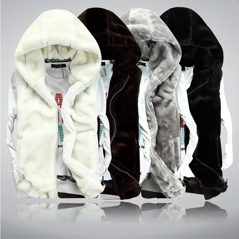 New Men's Winter Coral Fleece Hoodie Thickened Jacket Vest Fashion Couple Sleeveless Vest Warm Casual Men's Hooded Jacket Men